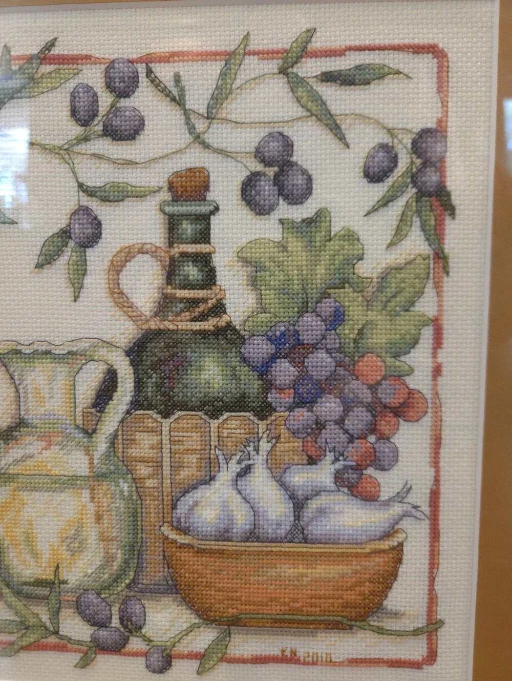 Finished Framed Cross Stitch Tuscan Flavors Wine Art- Dimensions Cross Stitch
